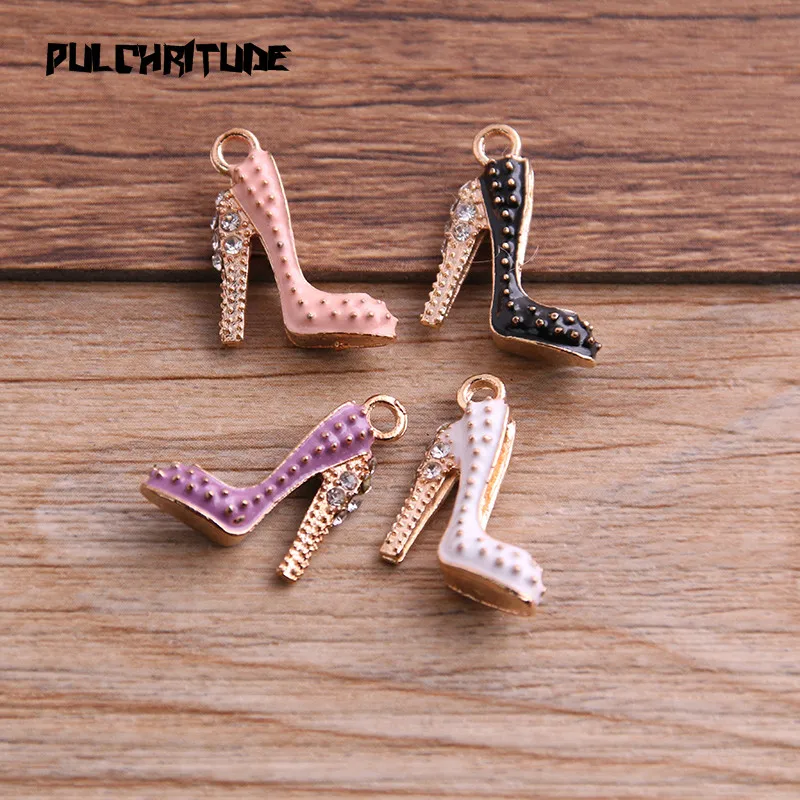 

PULCHRITUDE 4pcs 14*17mm Four Color Alloy Metal Drop Oil High Heels Charms Pendant For DIY Bracelet Necklace Jewelry Making
