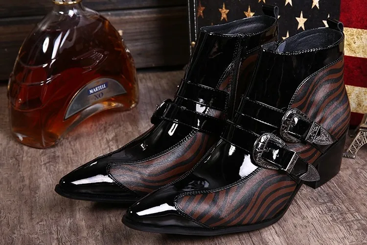 Choudory/новая зимняя обувь кожаная мужская обувь с острым носком и пряжкой Мужские модельные ботинки полосы зебры мужские высокие каблуки