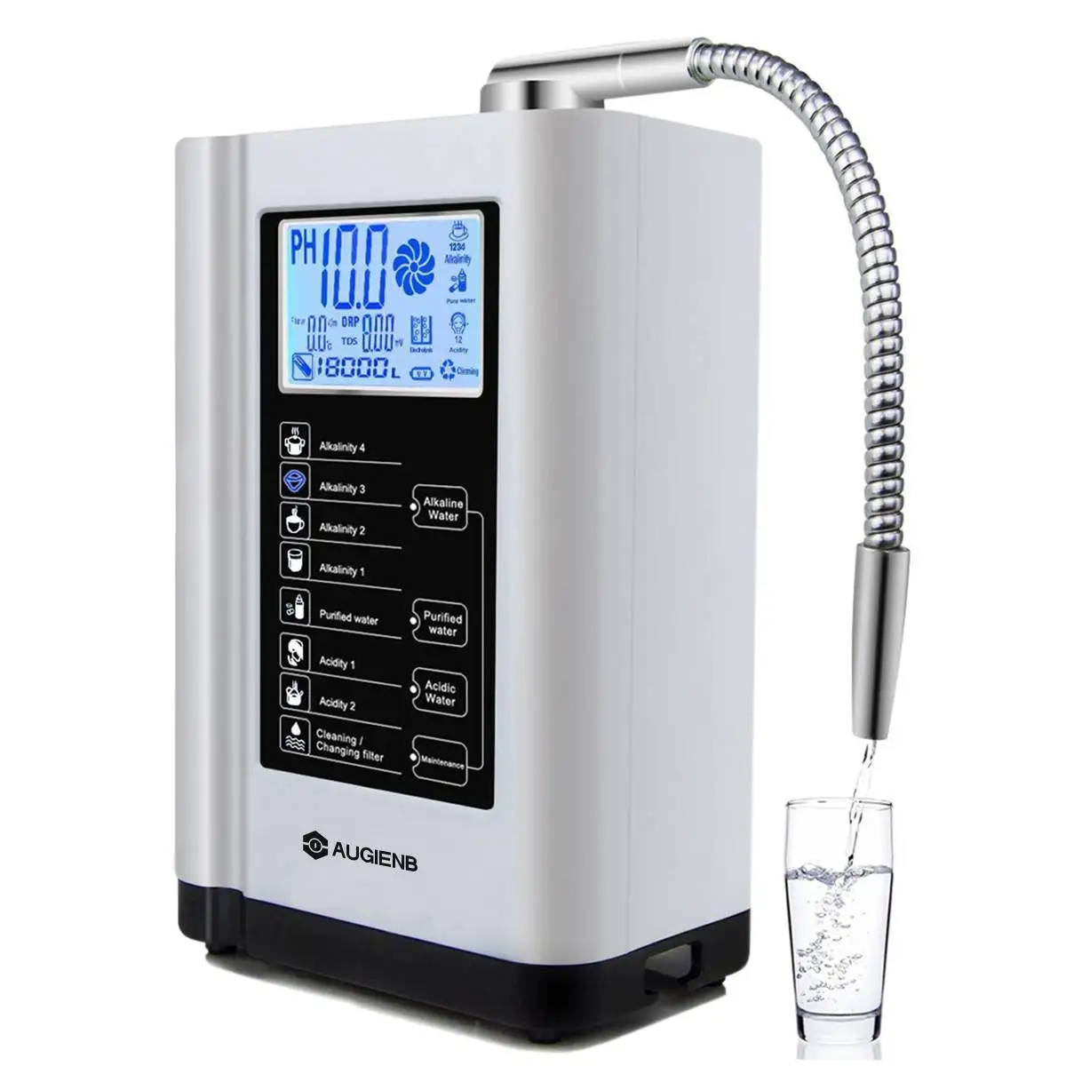 

AUGIENB LCD Water Ionizer Purifier Machine PH 3.5-10.5 Alkaline Acid 7 Water Settings 12000 Liters Auto-Cleaning Water Filter