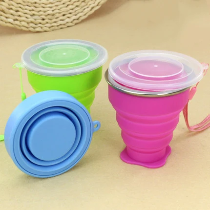 

210ml Stainless Steel Silicone Folding Cup With Lanyard / Dustproof Cover Lid Outdoor Coffee Cups Retractable Travel GJZDB