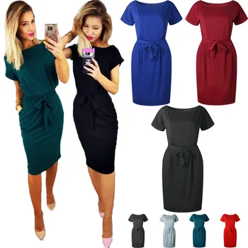 

Bandage Bow tie dresses Office Women Round Neck Short Sleeve Loose Comfort Cotton clotheing Plus Size vestidos ropa mujer