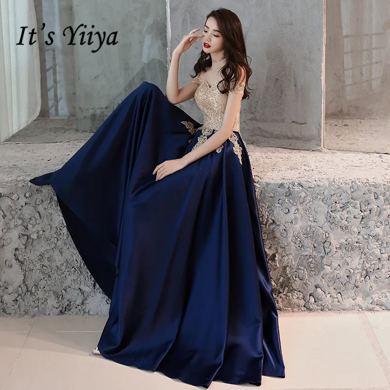 

Evening Dress Gold Lace Navy Blue Fashion Party Gowns Boat Neck Floor length Long Formal Dresses