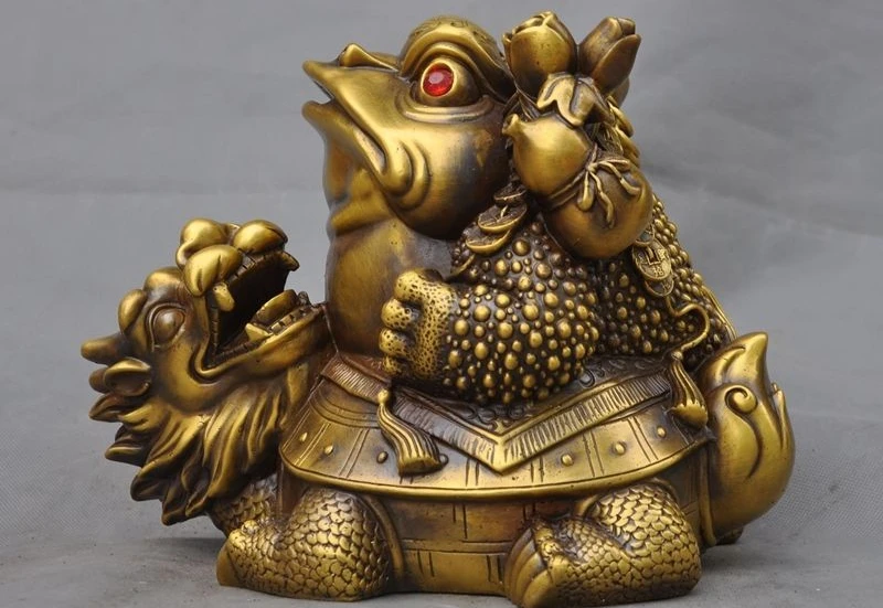 

9" Chinese Fengshui Bronze Money Wealth Dragon Turtle Golden Toad spittor Statue