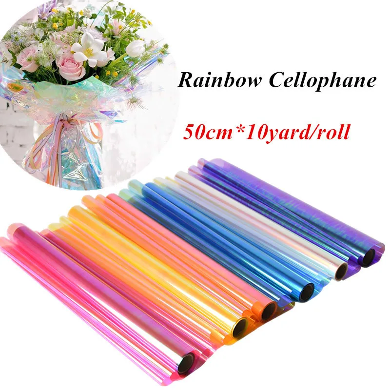 

50cm*10yard/roll Rainbow Cellophane Flower Floral Wrapping Paper Candy Cake Cookie Packaging Craft Gift Packing Colorful Roll