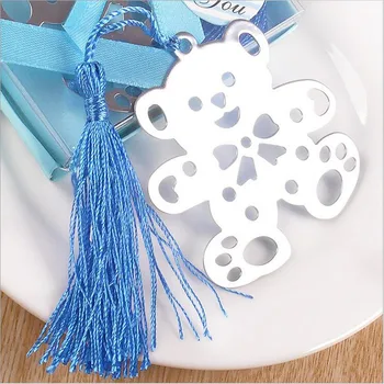 

(20 pieces/lot)Pink and Blue Bookmark with Box Silver Metal Bear Bookmark Baby Shower Wedding Favor Gifts Suppliers Free Ship