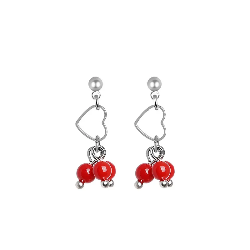 

S925 silver earrings female Korean version of the small fresh love red beaded short ear temperament net red earrings