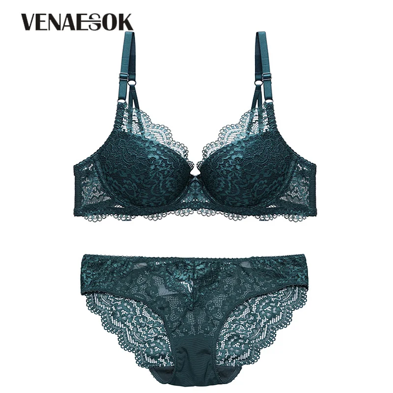 Europe Gather Bras Green Lingerie Sets Lace Embroidery Brassiere Cotton Thick Underwear Set Sexy