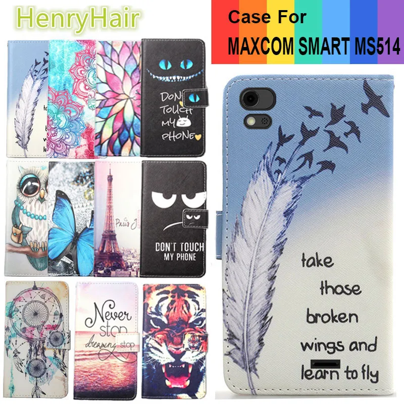 

Top Selling 11 Colors Cartoon Painting PU Leather Magnetic clasp Wallet Cover For MAXCOM SMART MS514 Case