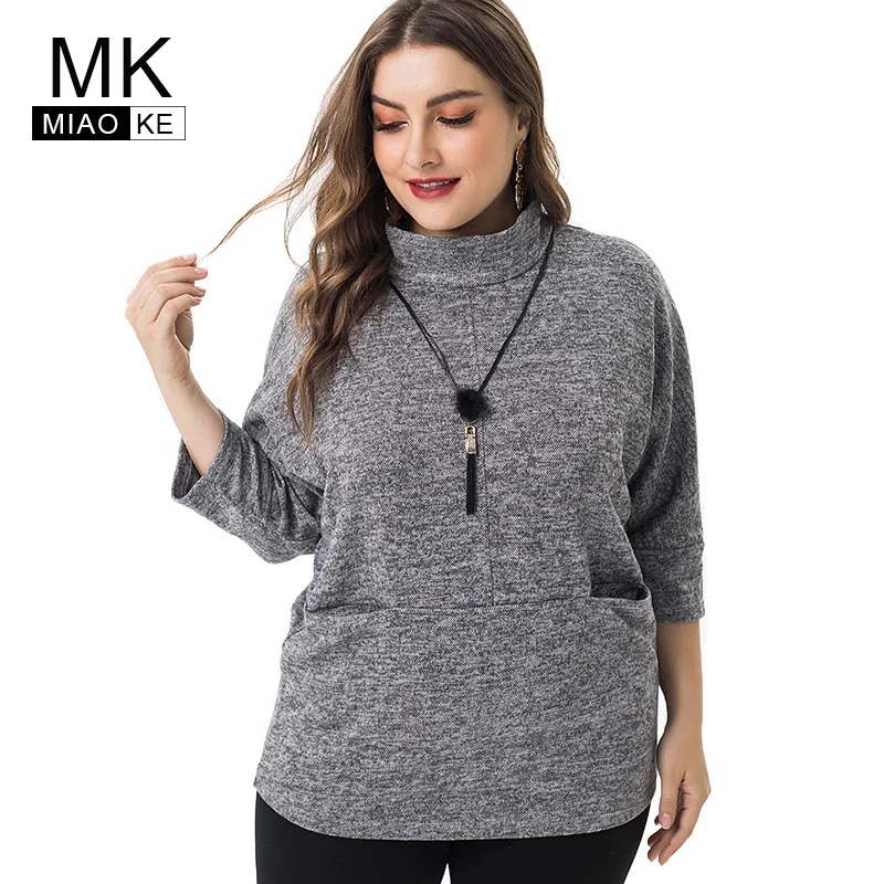 

Miaoke 2019 Spring Ladies Plus Size Knitted High collar Tops Women Clothing Fashion Large Size female T-shirt