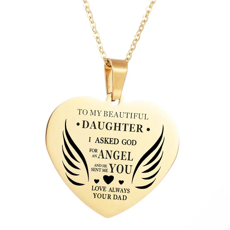 AMORUI To My Beautiful Daughter Heart Pendant Necklace Dad's Angel Wing Love Charm Choker Chain Necklaces for Baby Girls Jewelry