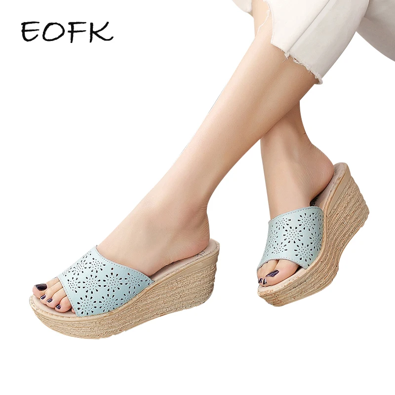 

EOFK 2018 Summer Women leather Half Slippers and sandals shoes platform sandals shoes floral wedges platform shoes Woman