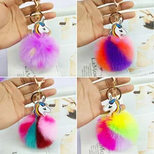 019 Lovely Unicorn Keychain Fluffy Rabbit Fur Keychain Pompom Rabbit Fur Artificial Keyring Women Car Bag Pendant Bead lovely unicorn keychain fluffy rabbit fur ball key chain pompom artificial rabbit fur key ring women car bag pendant trinket