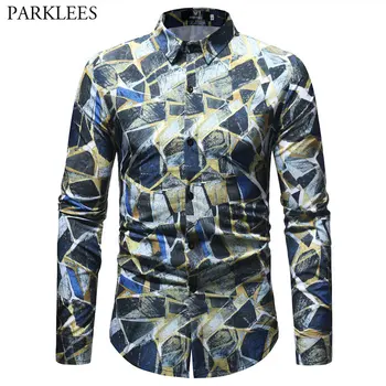 

Marble Pattern Print Fashion Shirt Men 2018 New Slim Fit Long Sleeve Mens Dress Shirts Brand Designer Social Shirt Male Chesmie