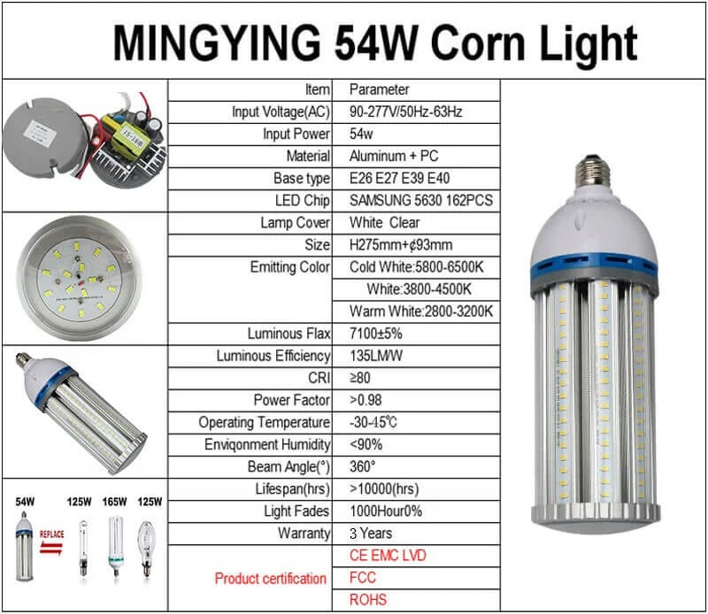 Светодиодный светильник-кукуруза, 36 Вт, 45 Вт, 54 Вт, 80 Вт, 100 Вт, 120 Вт, E26, E27, E39, E40, завод, склад, парковка, освещение, шоссе, bombilla, 85-277 В