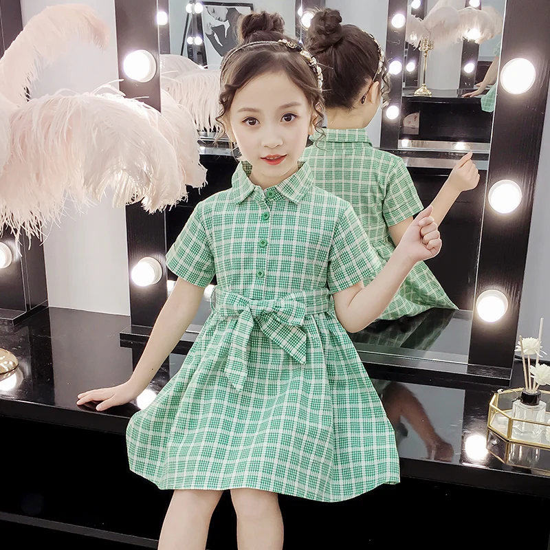 

Children Plaid Dresses for Girls Short Sleeve Dress V-Neck Bohemian Kids Clothes For Girls Fashion 4 6 8 10 12 Year Vestidos