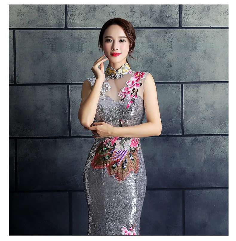 Red Chinese Wedding Dress Female Long Cheongsam Gold Slim Chinese Traditional Dress Women Qipao for Wedding Party embroidery