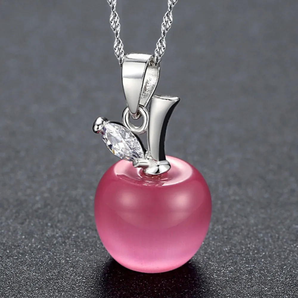 

Without chain Cute Kawaii Women Lady Girls Silver Plated Clavicle Necklace Charm Small Apple Opal Pendant NEW Christmas Jewelry