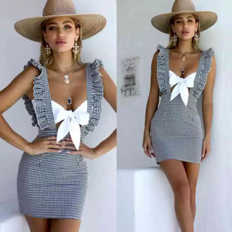 

Women Summer Ruffle Plaid Bodycon Slim Sleeveless Casual Evening Party Pencil Short Mini Dress