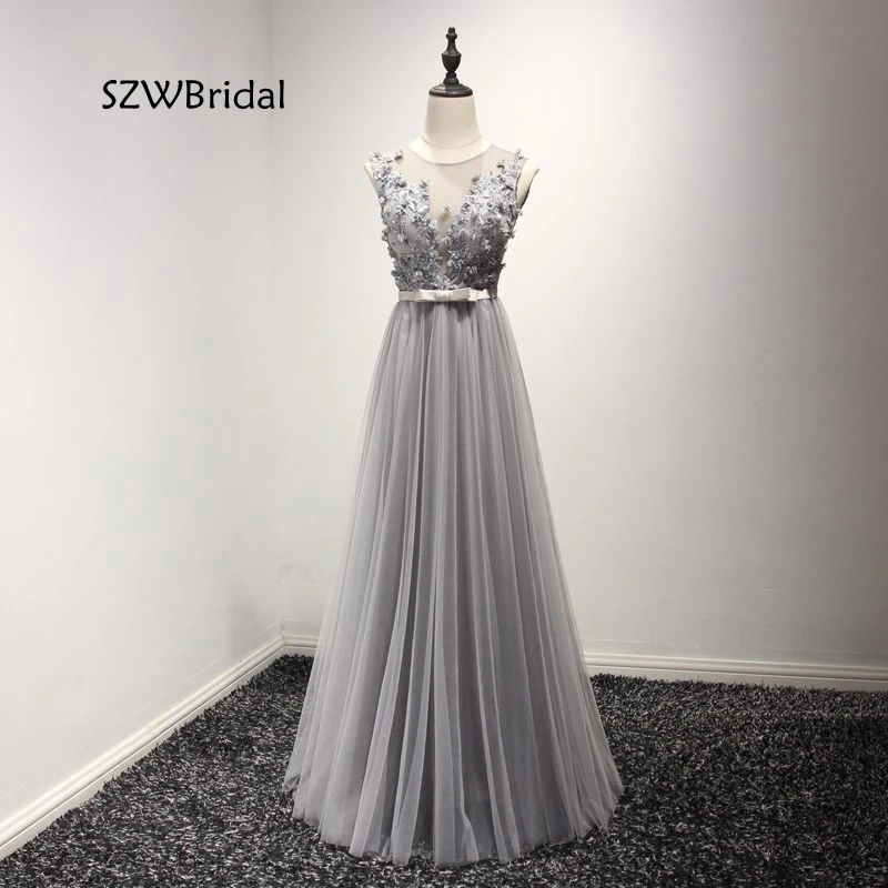 

Elegant Crystal Beaded Gray Lace A-Line Long Evening Dresses 2019 Prom Party Dress Robe De Soiree Longue Evening dress