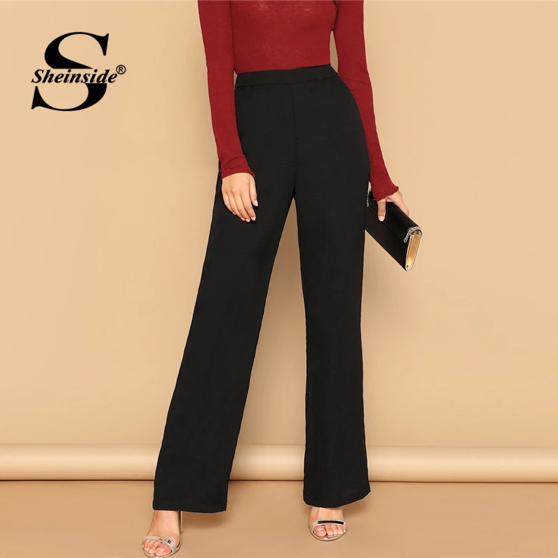 

Sheinside Black Solid Wide Leg Pants & Capris Female Mid Waist Trousers Office Ladies Workwear 2019 Autumn Long Women Pants