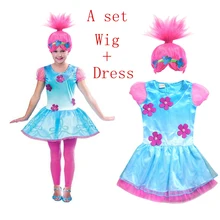 Розничная, парик тролля+ платья, комплект, детские костюмы для девочек, карнавальные детские костюмы, Моана, Vaiana, платье, одежда с троллями, вечерние Маки