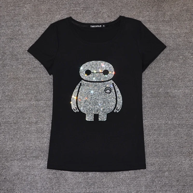 

High quality tops women's t shirts crystal print camiseta feminina short sleeve shoulder roupas t shirt women Top selling XXXXL