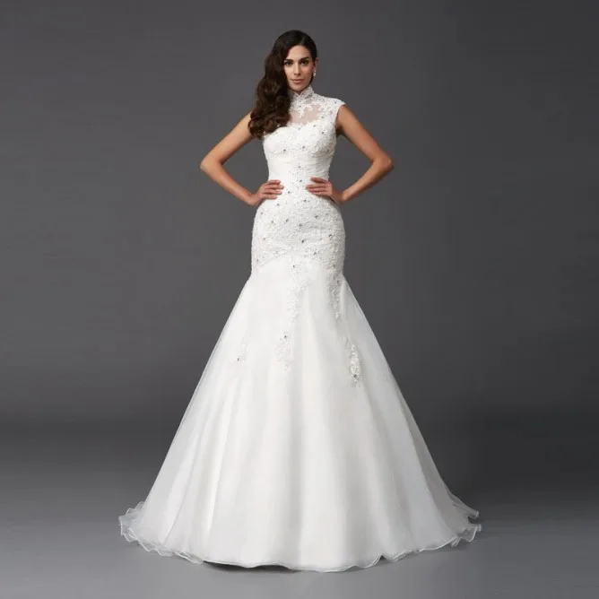 High Neck Vintage Mermaid font b Wedding b font font b Dresses b font Cap Sleeves