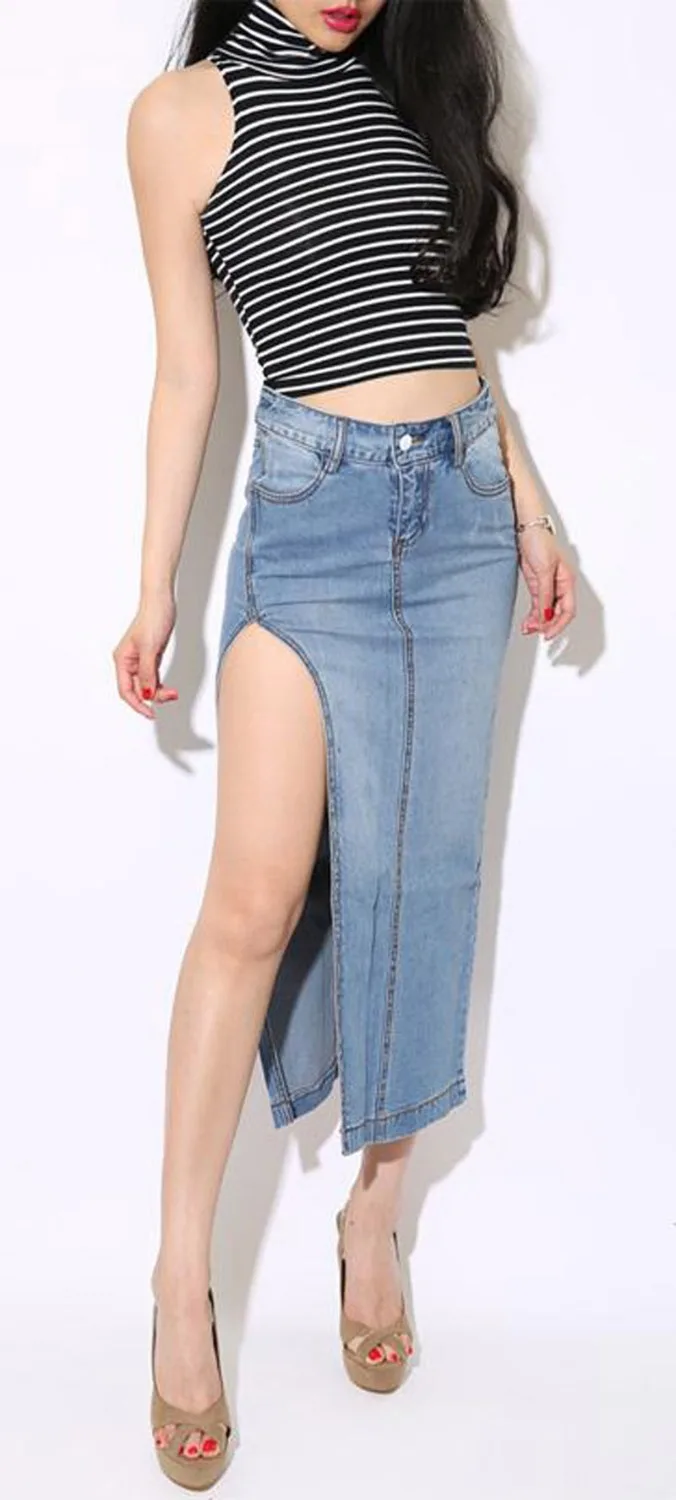 Корейский Шарм Леди Повседневное Джинсовые юбки новые свободные длинные Дизайн Для женщин модные пикантные джинсовая юбка