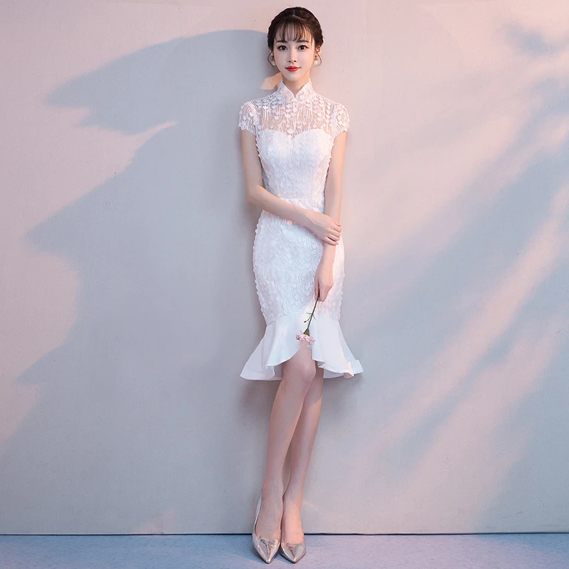 2019 пикантные тонкий белый платье с русалочкой Традиционный китайский стиль воротник стойка Cheongsam винтаж классический брак платья Qipao