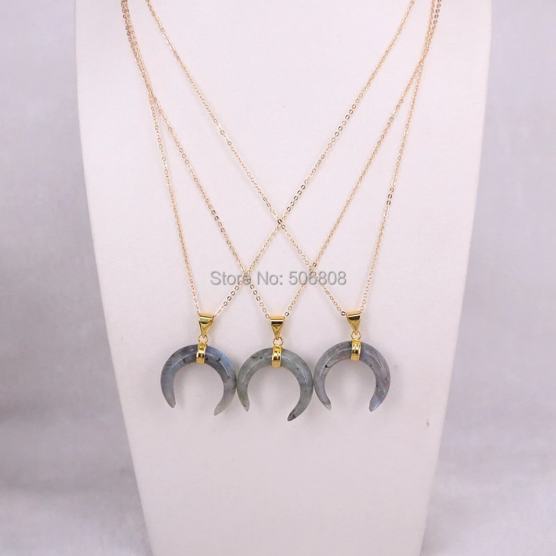 

5 Strands Natural labradorite pendant chain necklace double horn / crescent moon quartz crystal necklace women jewelry