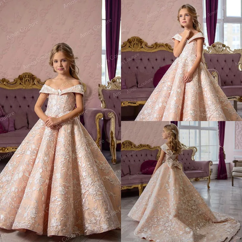 New Champagne Flower Girls Dresses for Wedding Applique V Neck Lace Up Back Girls Birthday Dress Pageant Gown Custom Made