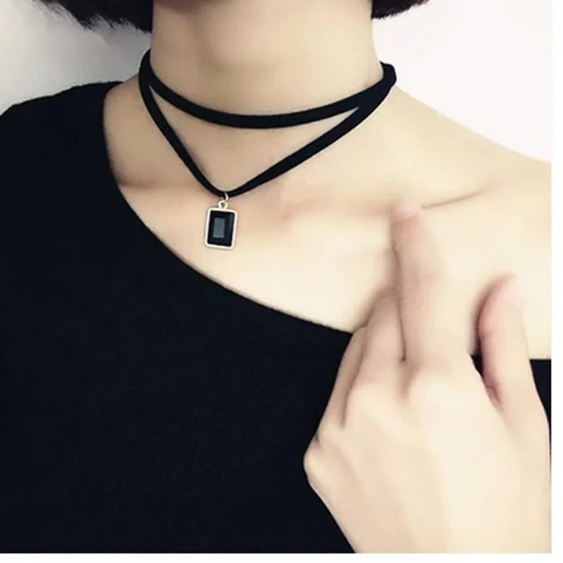 

HOT Double suede square black stone collar female short clavicle chain sweater necklace neck strap female jewelry