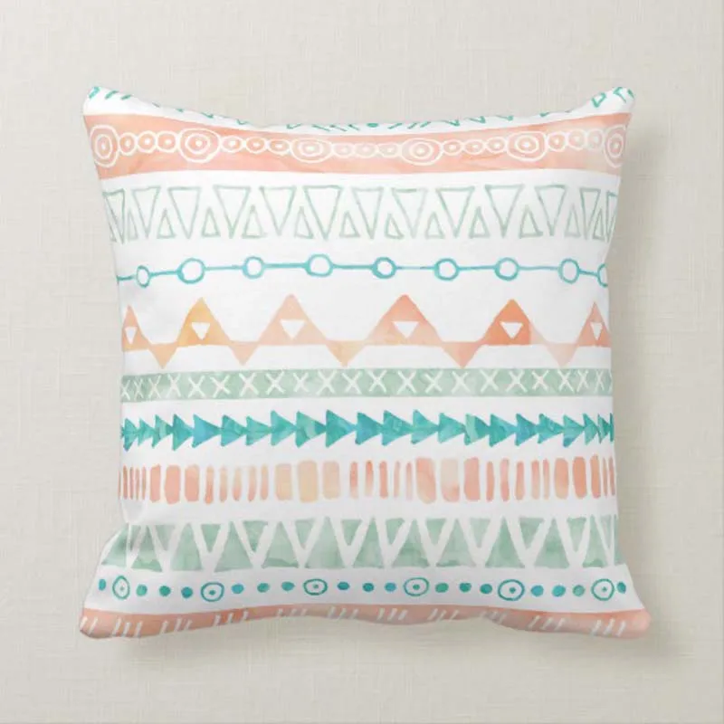 

Throw Pillow Cover Peach Teal Mint Watercolor Tribal Pillow Case Home Decor Square Cushion Cover 18x18 Inch