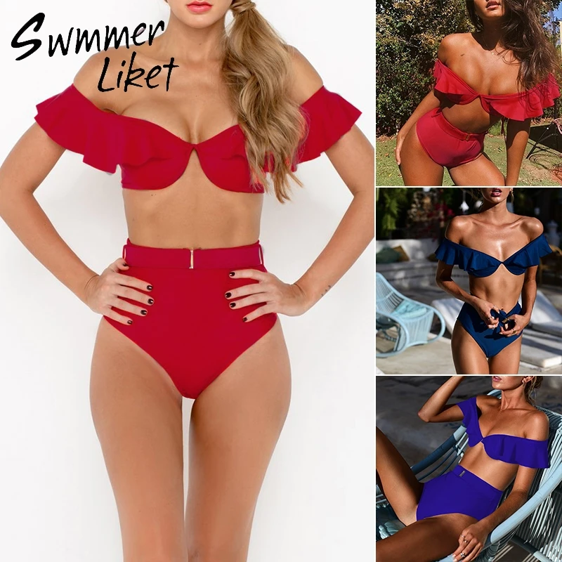 Red ruffled swimsuit female Sexy deep v bathing suit women bathers High waist bikini Push up off shoulder swimwear 2018 biquini Red ruffled swimsuit female Sexy deep v bathing suit women bathers High waist bikini Push up off shoulder swimwear 2018 biquini