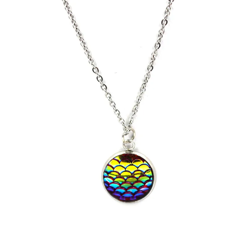 FnixtarResin Mermaid Fish /Dragon Scale Dome Seals Charm Pendant Stainless Steel Necklaces For Women 16mm 20Piece/Lot|stainless steel necklace|steel