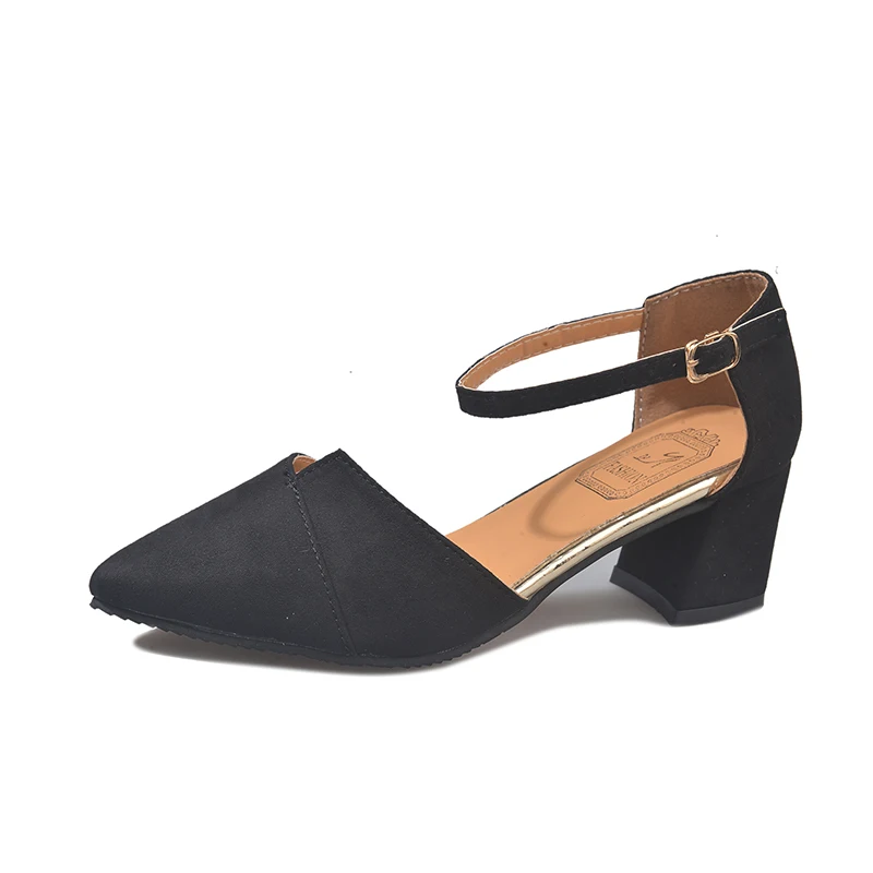2019 summer new hollow shallow mouth high heels pointed wild suede word with thick with female sandals