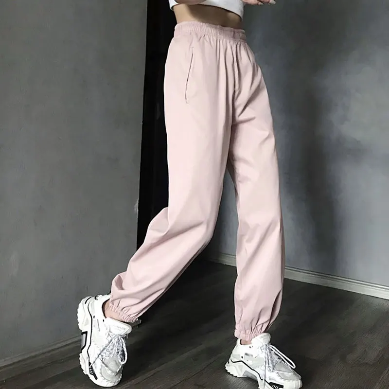 Хип-хоп брюки женские эластичные талии твердые связанные ноги свободные пот брюки для отдыха брюки женские корейские базовые уличная одежда горячая распродажа - Цвет: Розовый