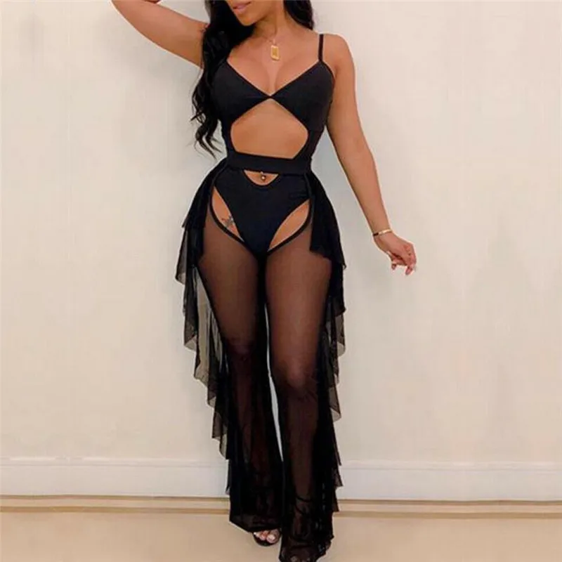 

Sexy Women Clothes Set Sleeveless Mesh Perspective Bodycon Jumpsuit Pretty Playsuit 2pcs 2019 Newest Hot Summer femme Elegant