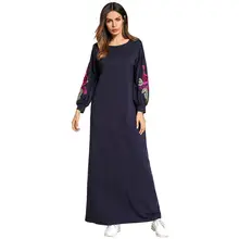 Женское мусульманское платье с вышивкой и аппликацией, длинное платье с круглым вырезом, длинное платье с рукавом-фонариком, мусульманское рамаданское платье макси на Среднем Востоке