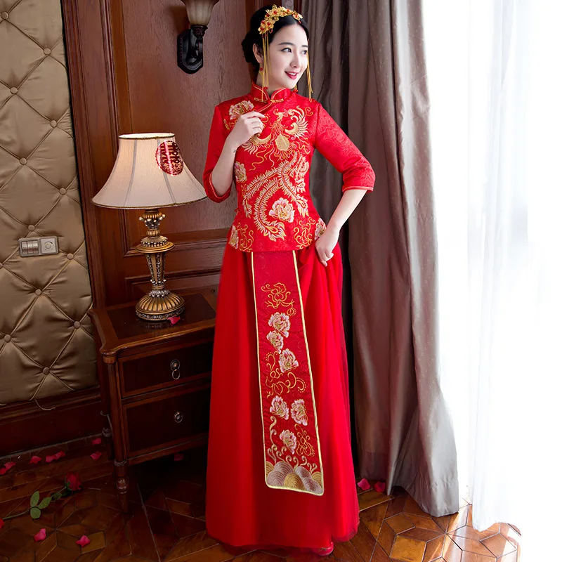 

Plus Size 3XL Chinese Traditional Wedding Dress Cheongsam Long Red Qipao Embroidery Robe Oriental Style Dresses Bride Traditions