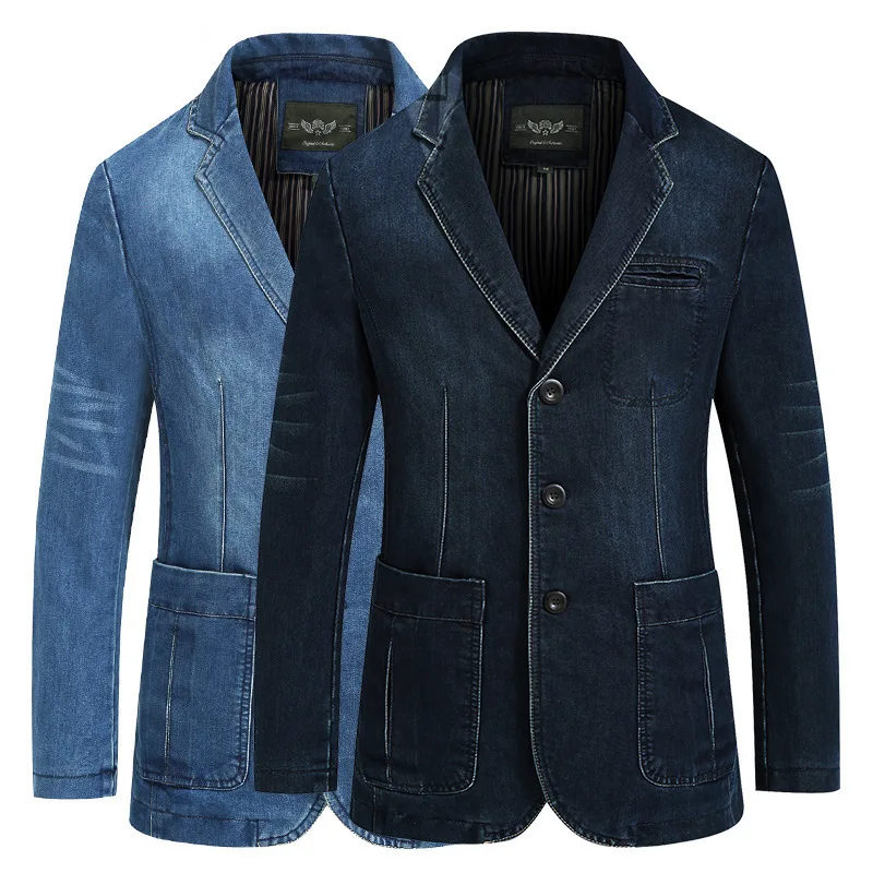 Мужской Джинсовый блейзер, мужской Модный хлопковый винтажный пиджак, 4XL, мужское синее пальто, джинсовая куртка, мужские тонкие джинсы для полных блейзеров CY2182