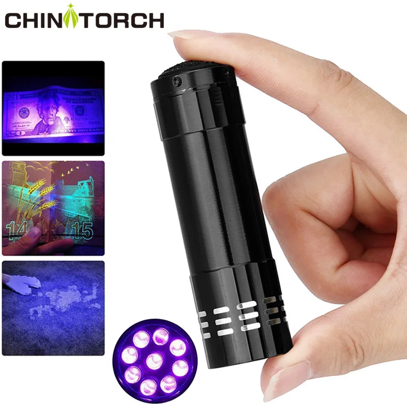 

Mini Aluminum UV Light Torch Ultra Violet 9 LED UV Flashlight Black Light Currency Money Note Pet Stains Detector Light Lamp
