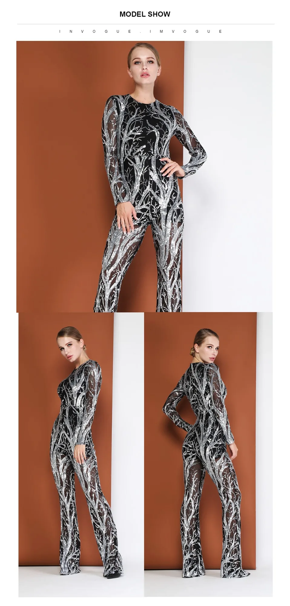 INVOGUE. IMVOGUE New Arrival Elegant Sequin O Neck Color Block Long Sleeves Bodycon Party Jumpsuit