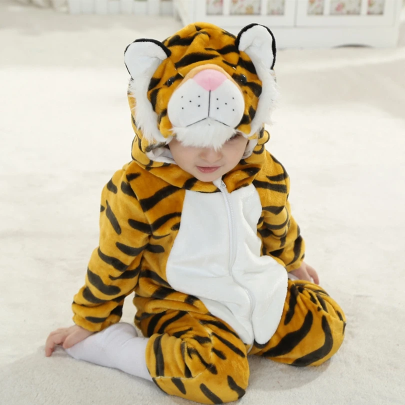 Детский комбинезон с животными, Одежда для младенцев с тигром, одежда для маленьких мальчиков и девочек, милый фланелевый комбинезон с капюшоном и рисунком, костюм
