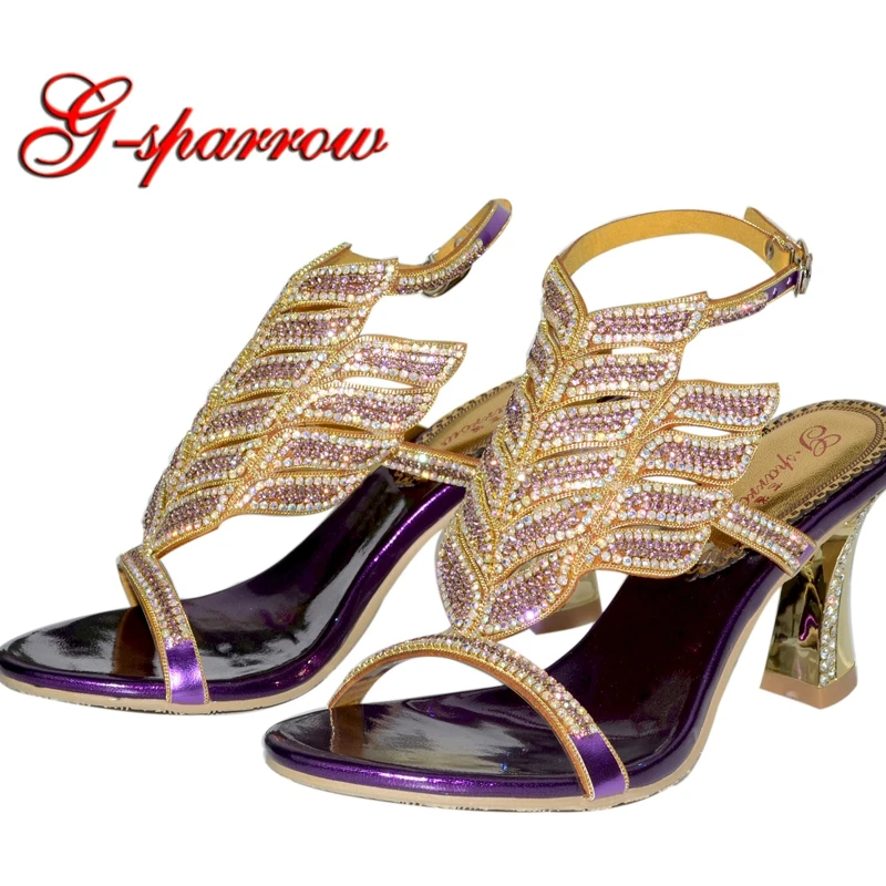 Сандалии ручной работы на квадратном каблуке с фиолетовыми кристаллами|women shoes
