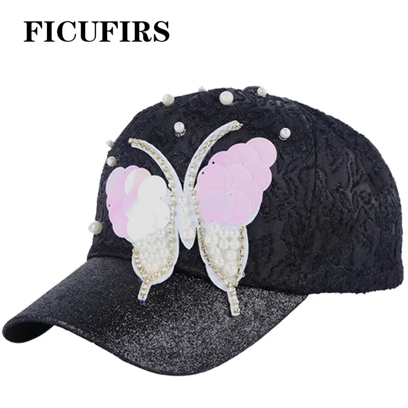 FICUFIRS New Design Butterfly Sequins bling Ms. Casual Baseball Cap High Quality Lace Hat Adjustable No ring