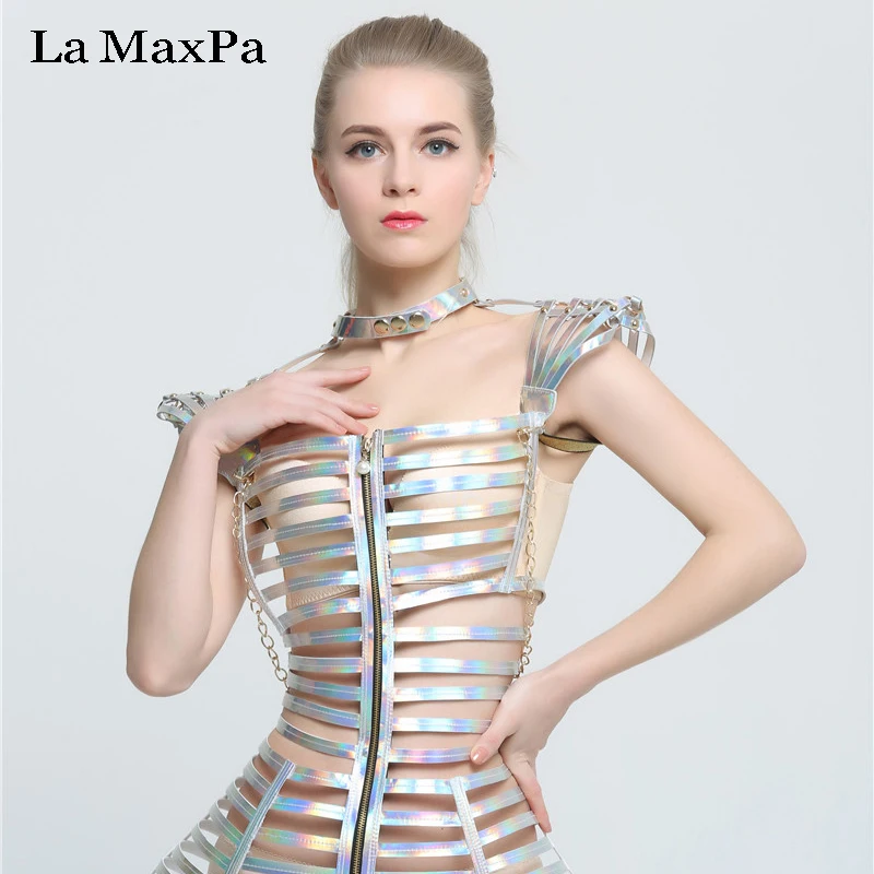 La MaxPa Модный женский костюм певицы для сценического шоу серебряный сексуальная