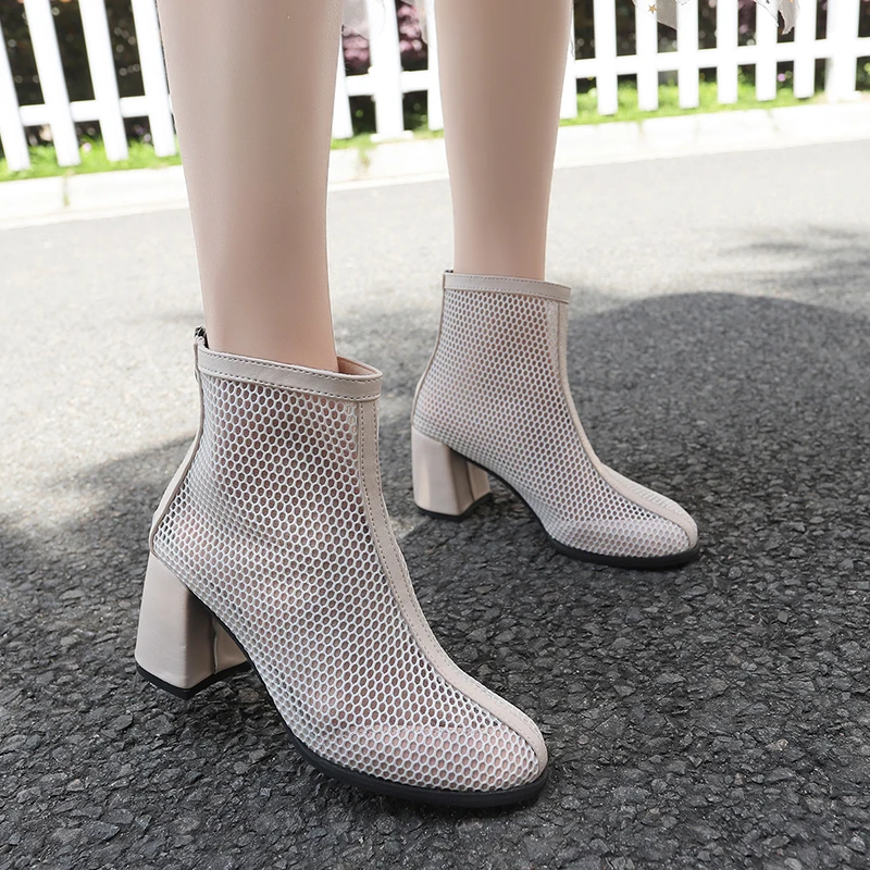 

SLHJC 2019 Summer Boots High Square Heel Chunky Boots Breathable Mesh Round Toe Zip Short Ankle Pumps Boots Shoes Summer Sandals