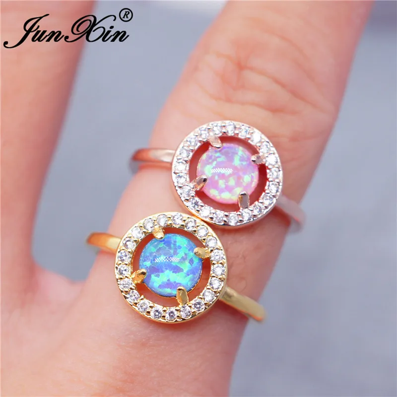 JUNXIN Fashion Pink/Blue Fire Opal Rings For Women Men Rose Gold Filled Round CZ Rainbow Stone Crystal Wedding Rings For Couples