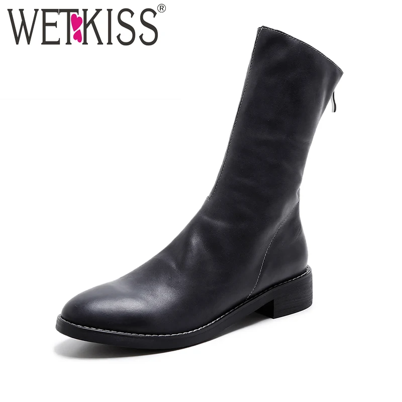 

WETKISS Brand Design Zipper Short Boots Comfortable Square Heel Rubber Boots Concise Soft Genuine Leather Female Shoes Woman